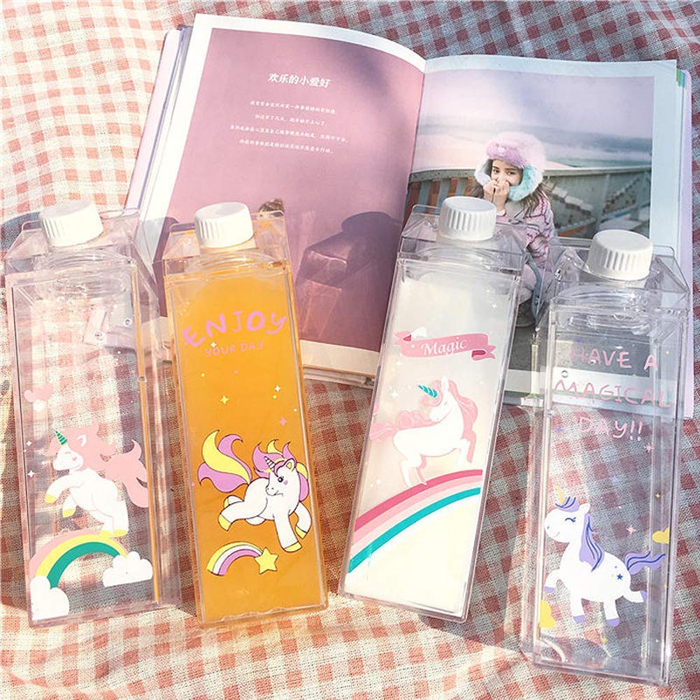 Unicorn Water Bottle - Zero Waste Water Bottle - Milk Box Plastic - Milk Bottles - Juice Bottle - BPA Free Environment Friendly Material 500ml + 2 Cute Unicorn Rings