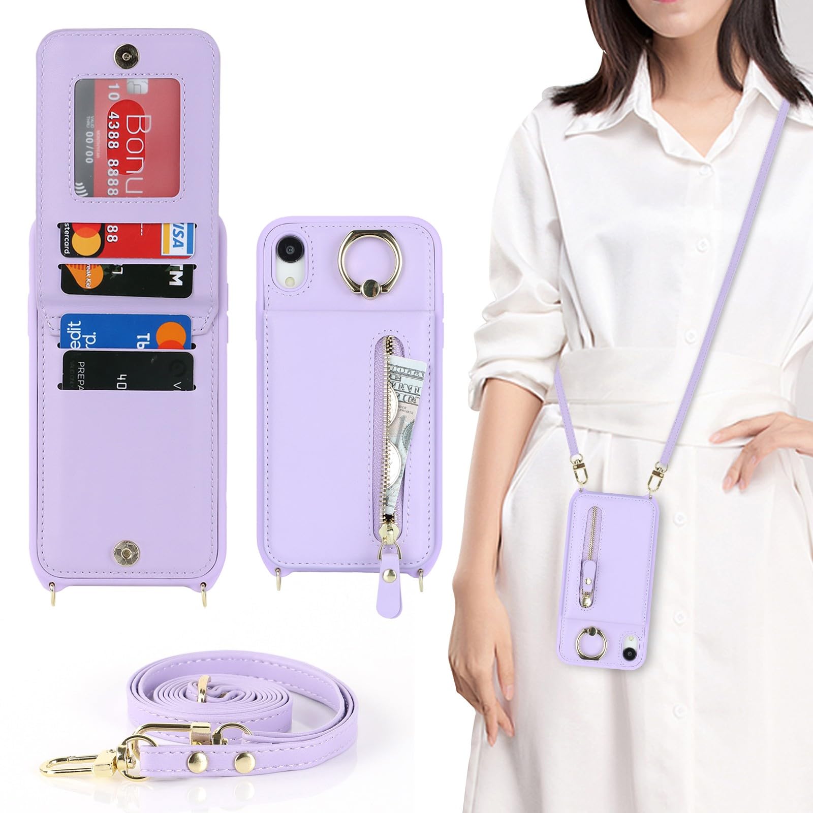 Zouzt for iPhone XR Case with Cord and Card Holde, Zipper Wallet Case with Crossbody Lanyard Ring Adjustable Necklace Protective Cover Women for iPhone XR 6.1 Inch - Purple
