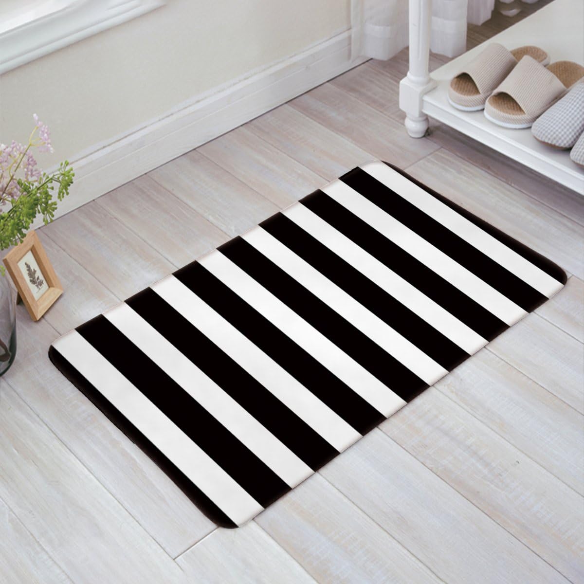 Infinidesign Welcome Doormat Kitchen Floor Bath Entrance Mat Rug Indoor/Front Door Thin Mats Rubber Non Slip 23.6"x15.7" Black and White Vertical Stripe