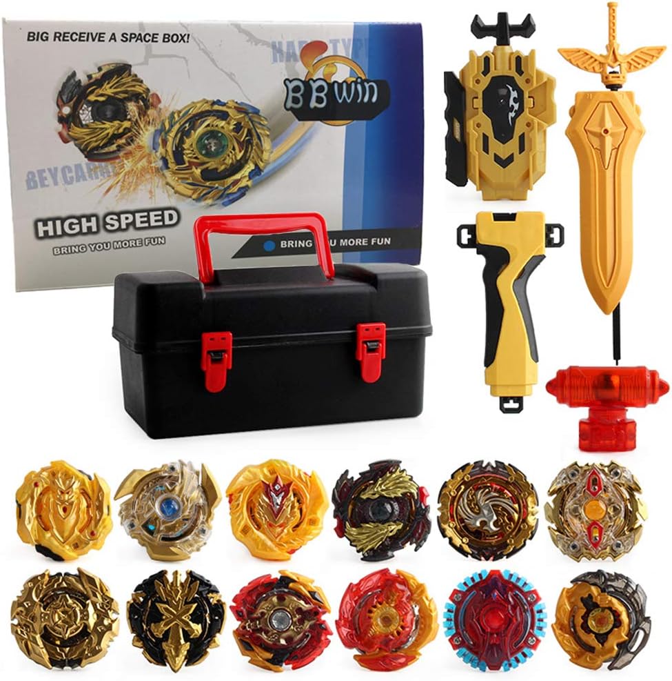 BBwin Gold Bey Battle Burst Set 12 PCS Evolution Turbo Battling Tops and Right/Left-Spin Launcher with Storage Box