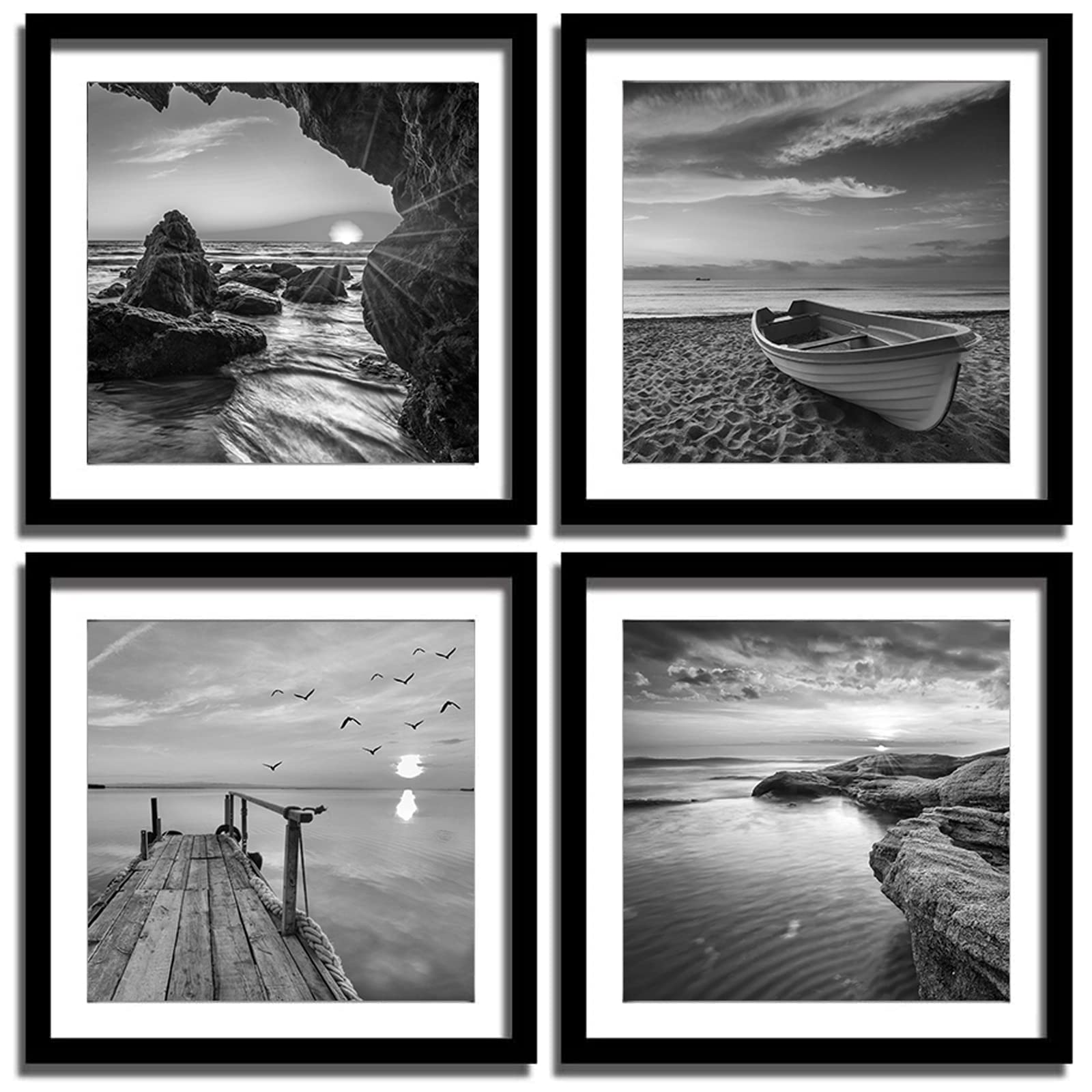 Black And White Wall Art - Sea And Beach In Sunrise Prints Wooden Framed 12x12 Inches Pictures Seascape Artwork 4PCS Boat Scenery Card Paper Paintings Decorations for Bedroom Living Room Kitchen Decor