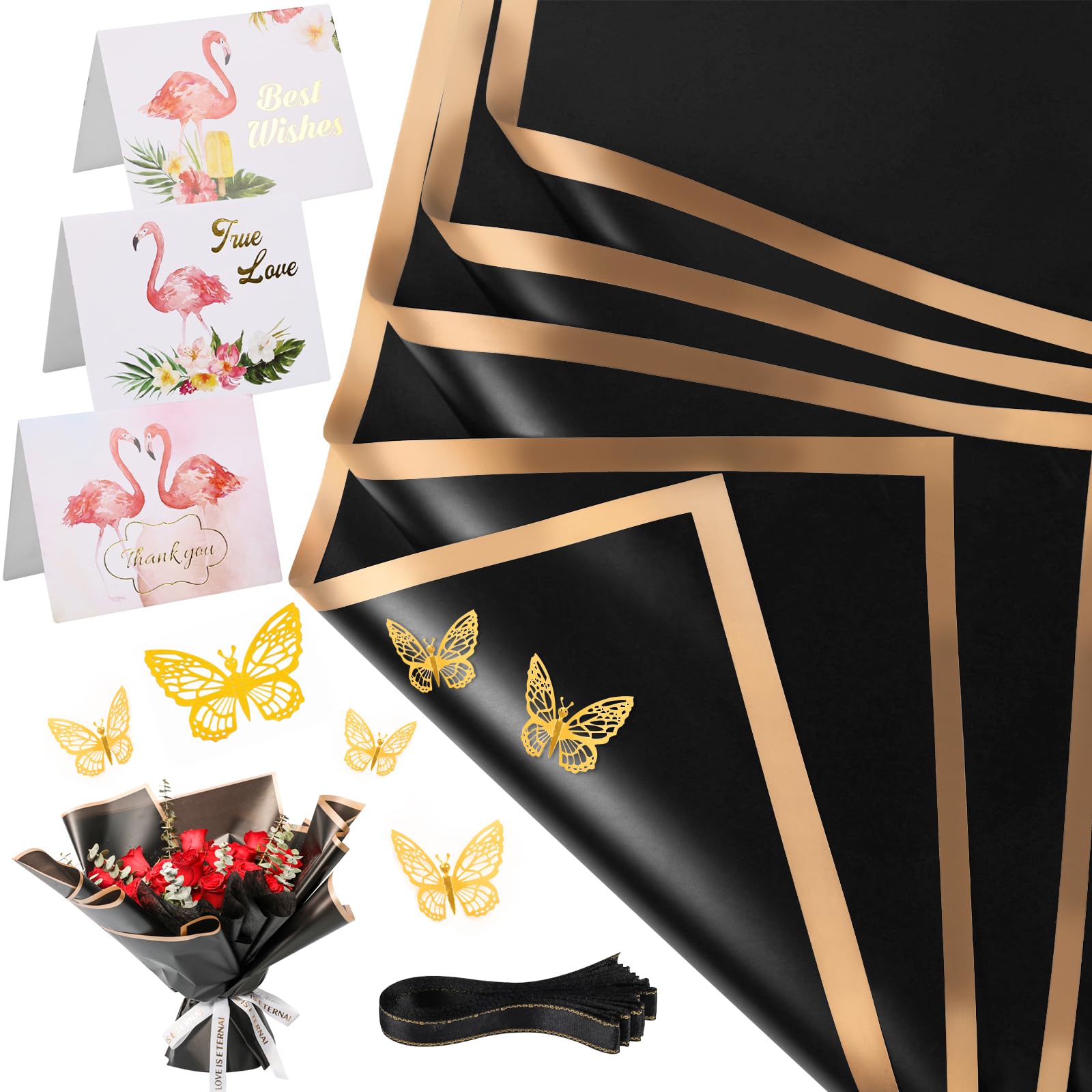 Photo 1 of 20 Sheets Flower Wrapping Paper - Waterproof Floral Bouquet Wrapping Paper, Florist Supplies with 3D Gold Butterfly Decor(Black-Rose Gold)