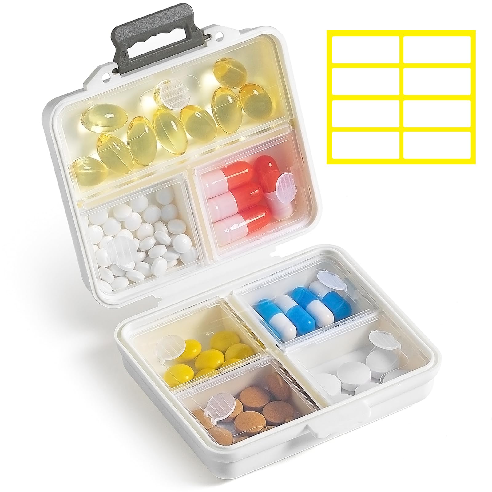 Photo 1 of 1 Pack Travel Pill Organizer,Portable Daily Pill Box,7 Grid Compartments Weekly Pill Case with Lables,Mini Medicine Organizer Box,Compact Pocket Pharmacy for Purse Vitamin Fish Oil Container (White)