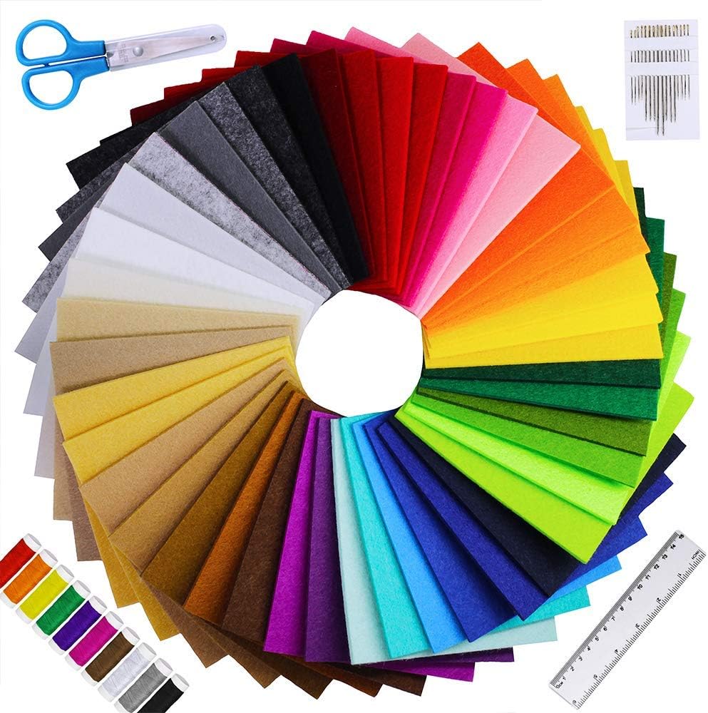 Supla Felt Fabric Sheets 4" x 4" Set 45 Colors Felt Sheets Stiff Felt Fabric Hard Felt DIY Craft Squares Nonwoven 2mm Thickness for Kids School DIY Crafts Patchwork Embroidery Sewing Crafting Project