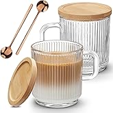 Mfacoy 2 PACK Glass Coffee Mugs with Handle & Spoon, 12 OZ Glass Coffee Cups with Bamboo Lid, Ribbed Glass Cups, Clear Tea Cu
