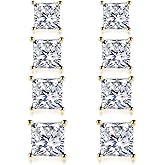925 Sterling Silver Stud Earrings, 4 Pairs Square Cubic Zirconia Stud Earrings Set for Women Men 3 4 5 6mm