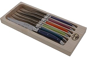 Jean Dubost Laguiole 6-Piece Steak Knife Set, Paris Colors Handles - 1.2 mm Blades - Rust-Resistant Stainless Steel - Include