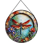 Payutou Dragonfly and Flower Suncatcher Stained Glass,Hanging Stained Glass Suncatcher for Windows,20cm/7.87inch Hand-Painted Sun Catcher Garden Hangings Halloween Fall Christmas Decor for Home