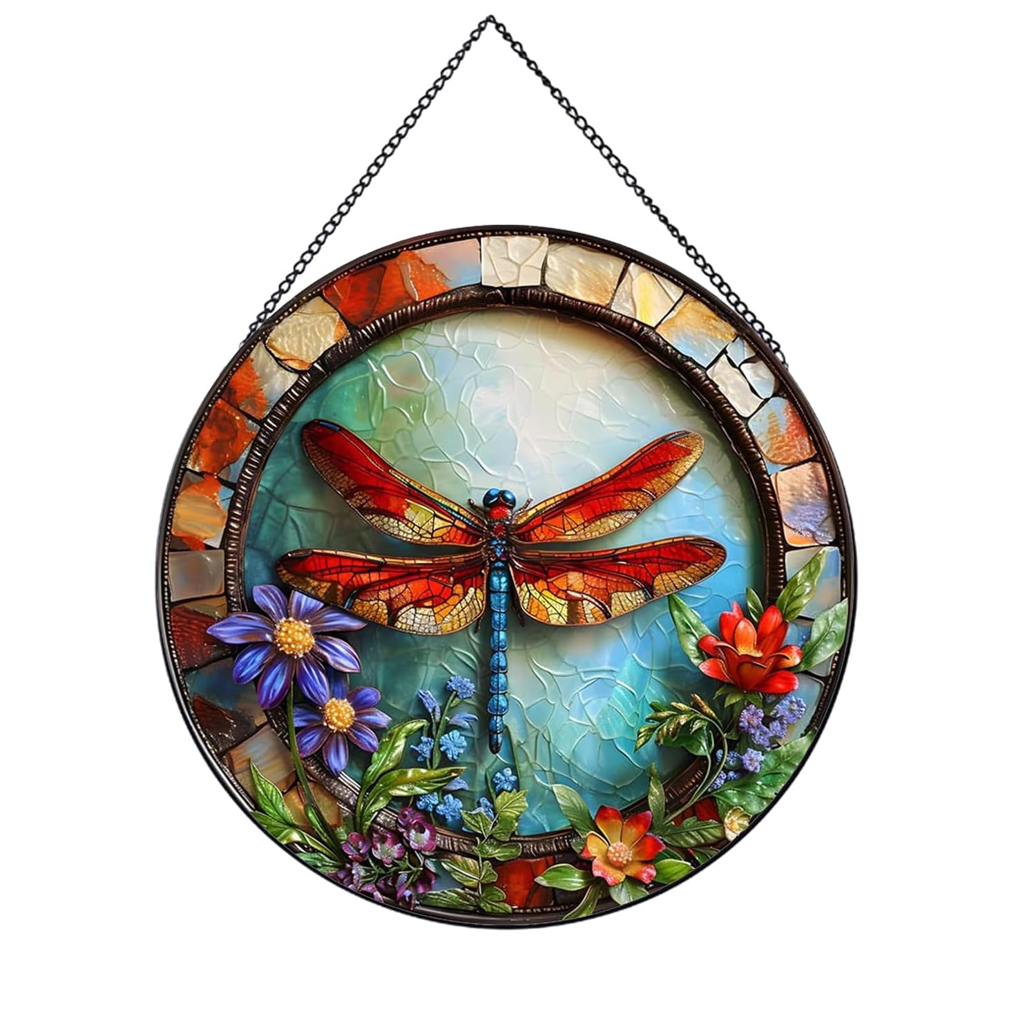Payutou Dragonfly and Flower Suncatcher Stained Glass,Hanging Stained Glass Suncatcher for Windows,20cm/7.87inch Hand-Painted Sun Catcher Garden Hangings Halloween Fall Christmas Decor for Home