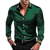 OYOZONE Men's Luxury Satin Dress Shirt Shiny Embroidery Silk Long Sleeve Button Up Shirts Prom Wedding Party Shirt