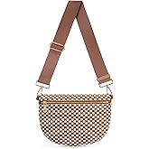 Woven Crossbody Bags For Women, Checkered Fashion PU Bum Bag Waist Pack, Travel Sling Purse with Adjustable Strap（Brown and White)
