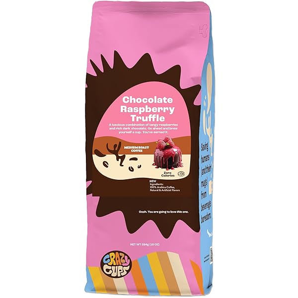 CRAZY CUPS FLAVORED GROUND CHOCOLATE COFFEE, CHOCOLATE RASPBERRY COFFEE IN 10 OZ BAG, FOR BREWING FLAVORED HOT OR ICED