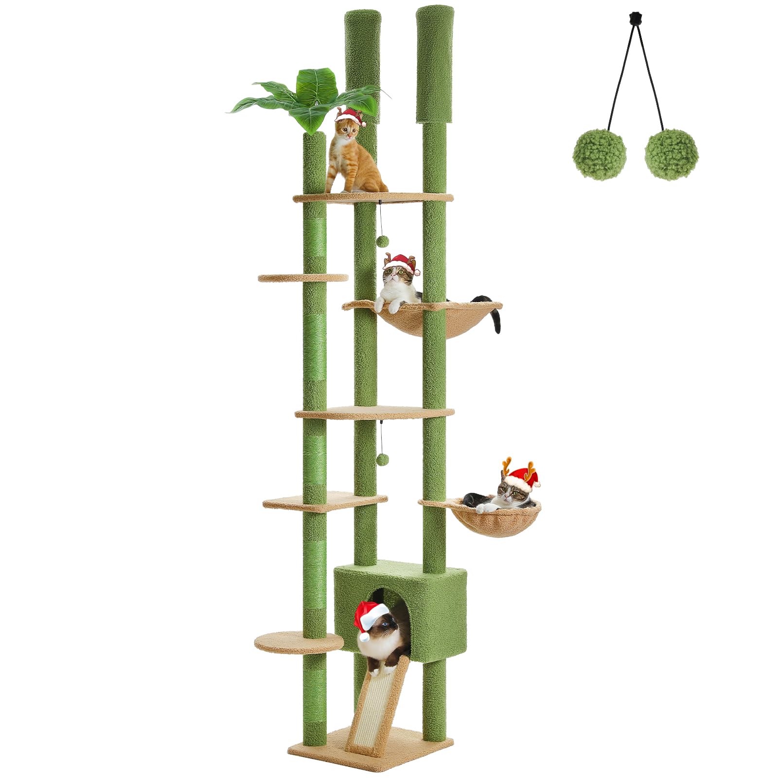 Photo 1 of PEQULTI Tall Cat Tree, Floor to Ceiling Cat Tree Tower Adjustable [90.5''-100.4''=230-252CM] with Cat Condo, Cat Hammock and Scratching Post, Cat Climbing Tree for Indoor Large Cats, Green