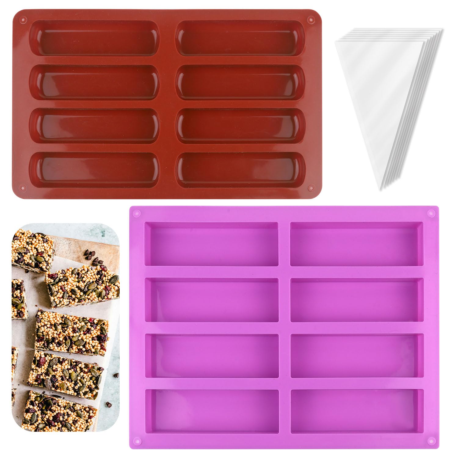 8 Cavity Medium Rectangle Granola Bar Silicone Moulds, 2Pcs Rectangle Silicone Oven Handmade Moulds, Cereal Bar Moulds with 50 Pcs Pastry Bags for Chocolate Truffles Bread Brownie Cornbread