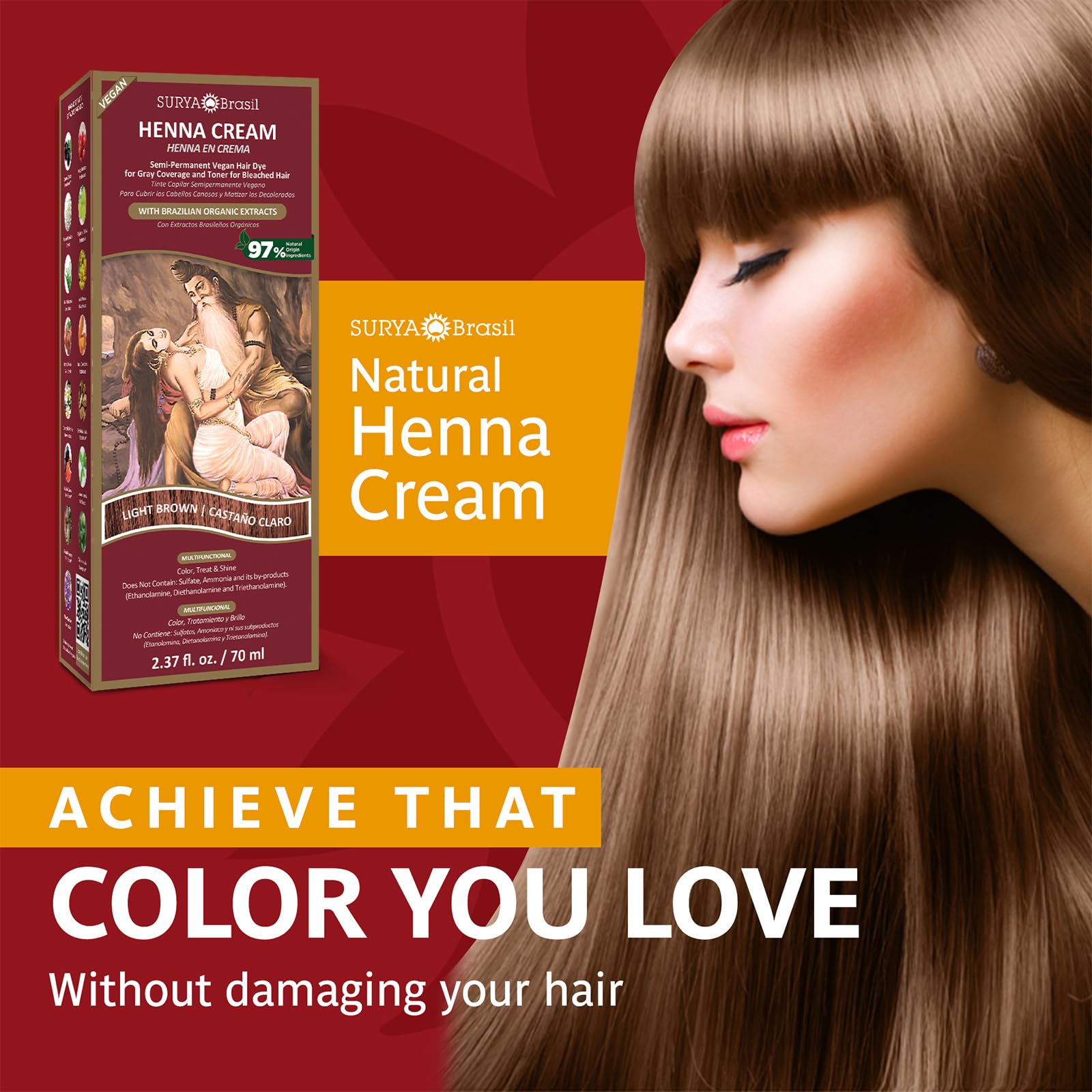 Surya Brasil Light Brown Natural Henna Cream Hair Color Treatment for Gray Hair Coverage, Deep Conditioning Semi Permanent Hair Dye, 2.37 oz / 70 ml