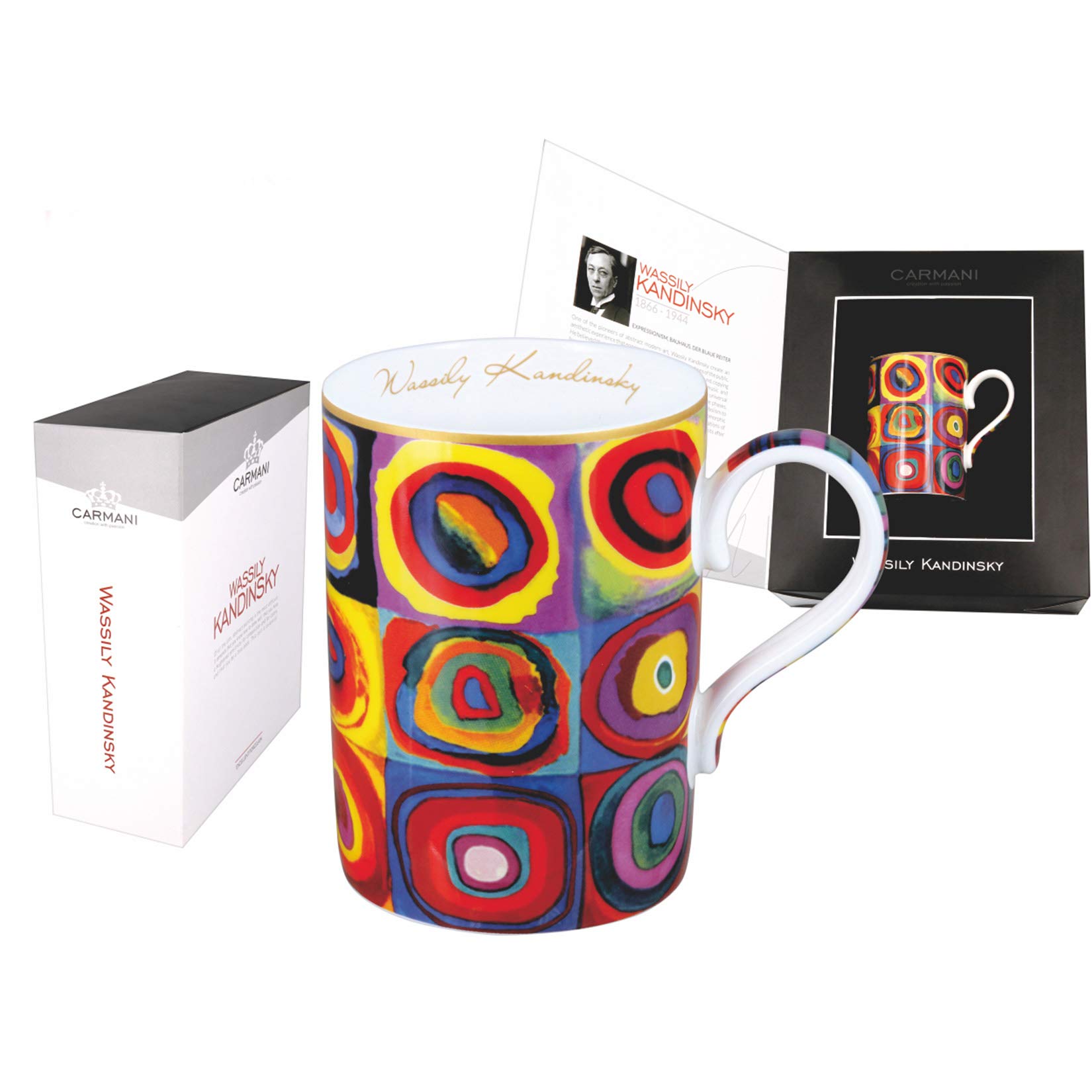 CARMANI - Tea Mug, Perfect Ceramic Fine Bone China Coffee Mugs with Wassily Kandinsky "Squares with Concentric Circles" 400ml