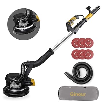 Ginour Trockenbauschleifer 750W Deckenschleifer mit automatischem Staubsammelsystem, LED-Licht, 6 Einstellbare Geschwendigkei