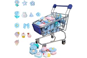 CHIOLDILLY Mini Shopping Cart Set for Toddlers-Apply to Kid's School Supplies and Accessories, Mini Food Toys for Imaginative Play(Mini Shopping cart+60 Pieces Small Blue Gadgets)