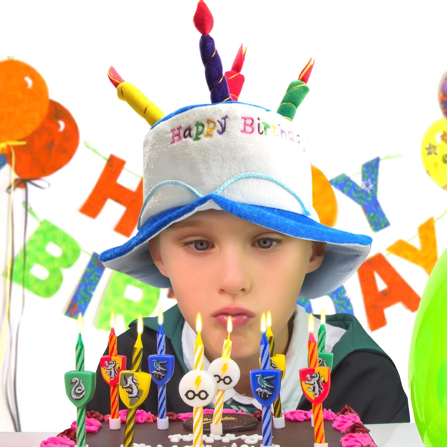 Novelty Place Blue Plush Happy Birthday Cake Hat - Unisex Adult Size Fancy Dress Party Hats - Perfect as Party Favors, Costume Accessories - Cake & 5 Multicolor Candles: Toys & Games