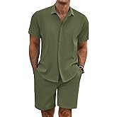 COOFANDY Men's Summer Beach Outfits 2 Piece Short Sleeve Shirts and Shorts Vacation Texture Linen Sets for Men