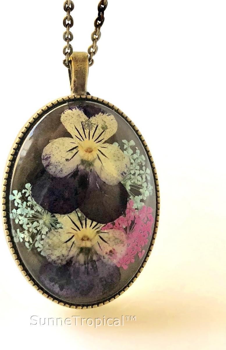 SunneTropical Pansy Real Pressed Flower Jewelry Vintage Oval Pendant Necklace Antique Bronze Finish