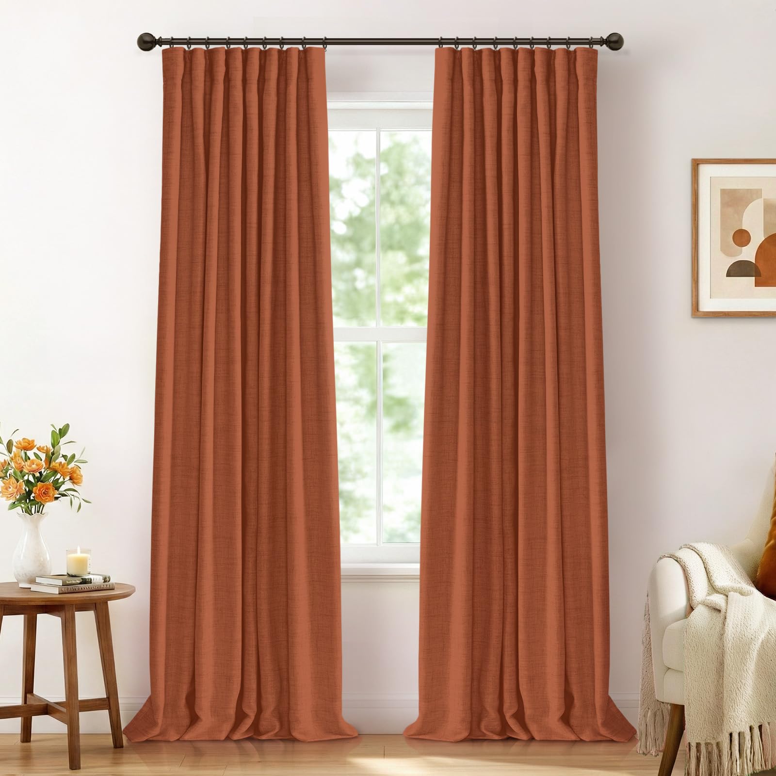 100% Blackout Shield Full Blackout Curtains for Bedroom 96 inch Length 2 Panels Set, Clip Rings/Rod Pocket Faux Linen Black Out Curtains for Living Room, Thermal Insulated, 50Wx96L, Orange Image