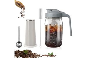 Cnsndqedke Cold Brew Coffee Maker, 32 oz Wide Mouth Mason Jar Pitcher with Stainless Steel Filter, Pour Spout Handle Lid, Heavy Duty Glass Airtight & Leak-Proof Pitcher for iced coffee & Tea Lemonade