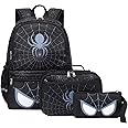 Octsky Kids Backpack for School Boys Backpack with Lunch Box Elementary Bookbag, Spider Black 3pcs