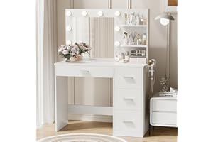 YESHOMY Vanity Desk with Mirror, 10 Lights, Power Outlet and 3 Storage Shelves, Makeup Table with 4 Drawers, 3 Color Modes, for Bedroom, White