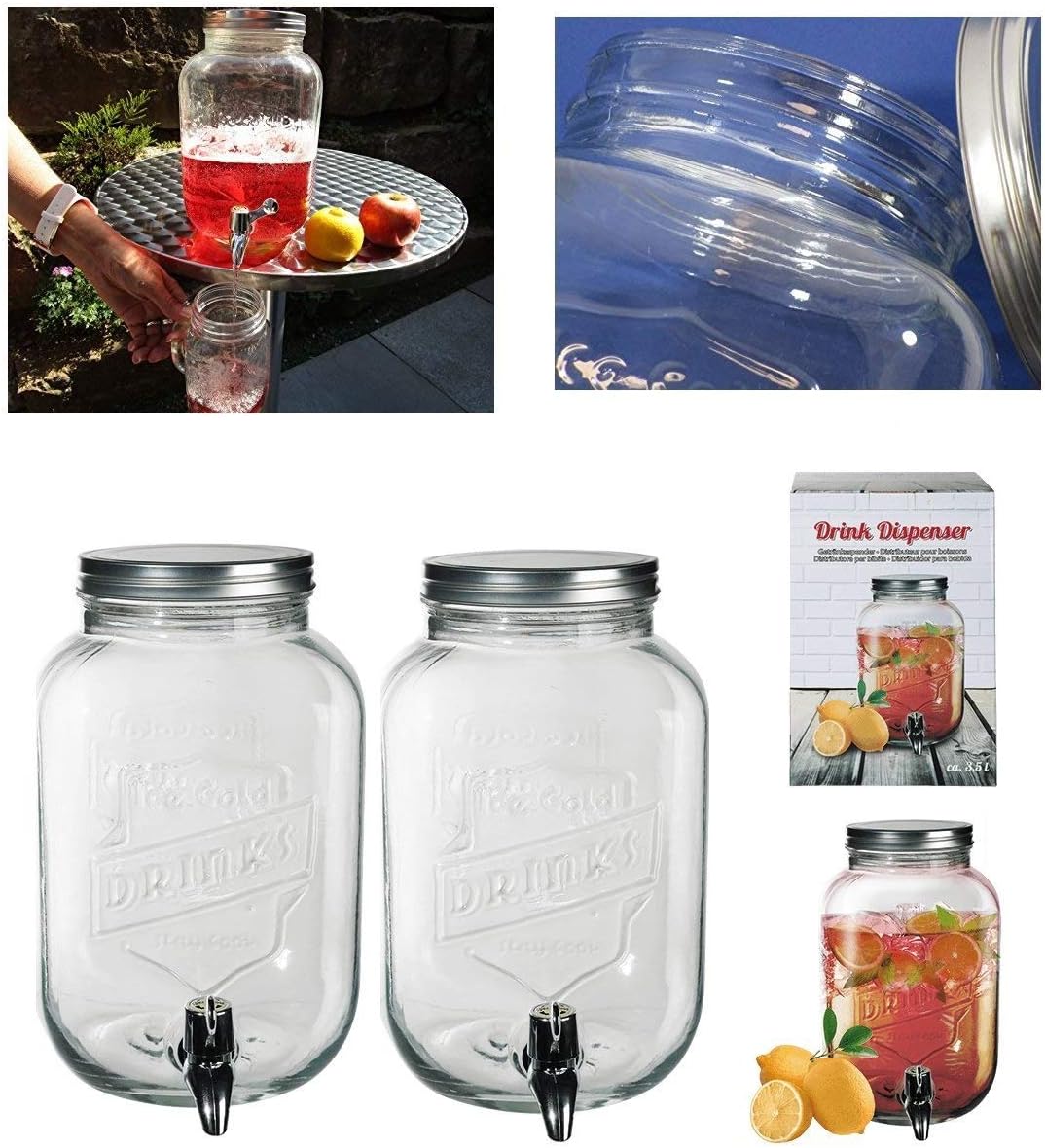 AQS 2x 3.5L Vintage Barrel Glass Dispenser Jar With Tap Punch Water Juice Drink Home