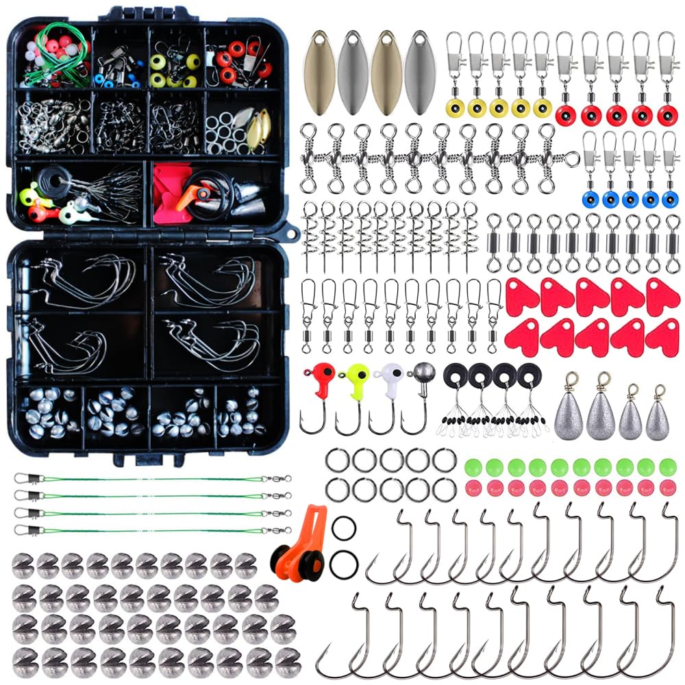 OmeHoin 187pcs Fishing Accessories Kit, Fishing Tackle Set With Tackle Box, Sea Fishing Tackle Box Kit Including Fishing Swivels Snaps, Fishing Hooks, Sinker, Fishing Gear for Bass Crappie 187PCS