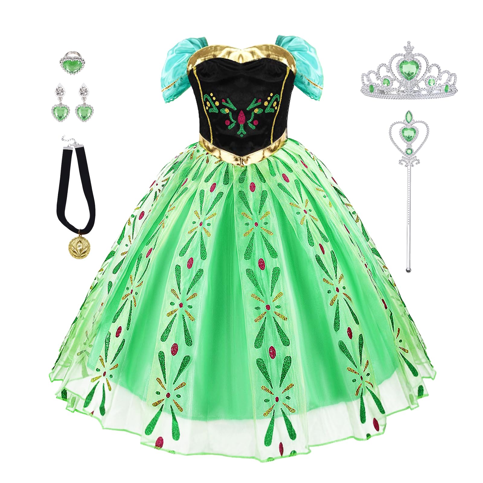 AHLPO Princess Dress Up for Girls Halloween Cosplay Princess Costume Luxury Green Fancy Dress Christmas Birthday Party Outfit