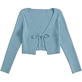 Floerns Women's Tie Front Long Sleeve Rib Knit Shrug Sweaters Cardigan Crop Top