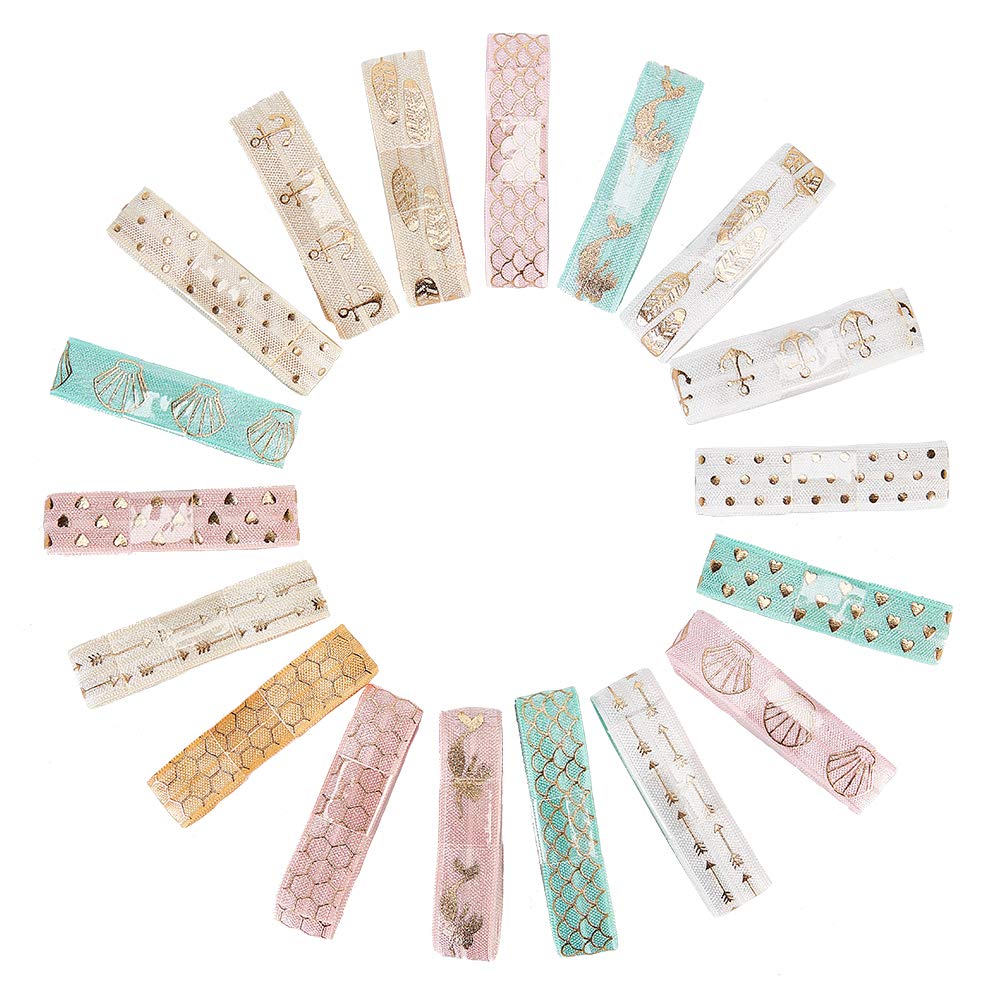 GORGECRAFT 9 Syles Elastic Fold Over Ribbon Stretch Solid Sewing Printed Headbands Elastic Spandex Ribbon for Garment Bow Stretch Knitting (0.59in Wide)