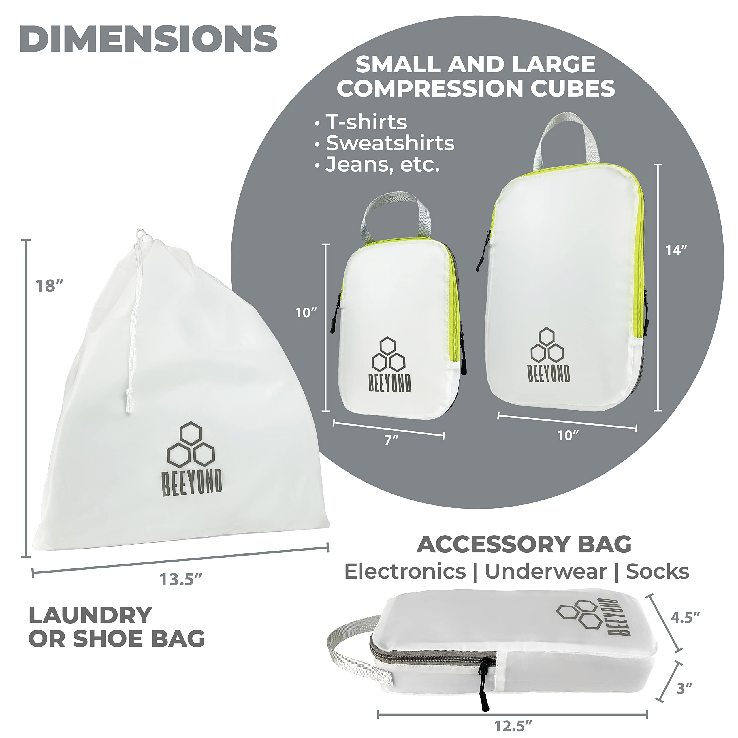 Beeyond Compression Packing Cubes Set - 6 Pieces for Travel and Luggage Organization, Includes Large & Small Cubes, Accessories Bag, and Laundry Bag