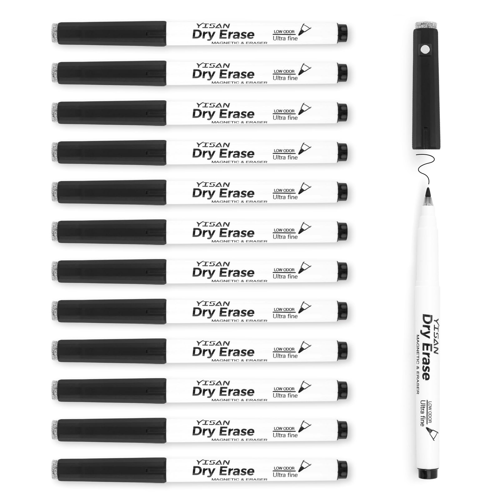 YISAN Magnetic Whiteboard Pens Fine Tip Black,Dry Wipe Pens 0.7mm Extra Fine Point, Whiteboard Markers with Erasers, Low Odor for Office Home,70542