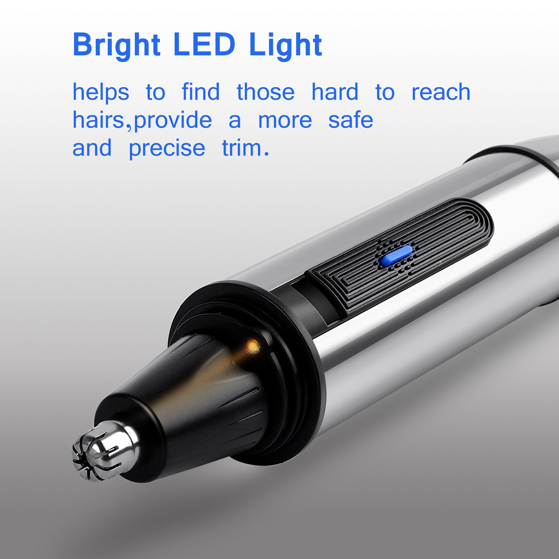 Nose Hair Trimmer, Ciwellu 3 in 1 Water Resistant Stainless Steel Nose Clipper Beard and Eyebrow Trimmer with LED Light, Battery-Operated, Silver