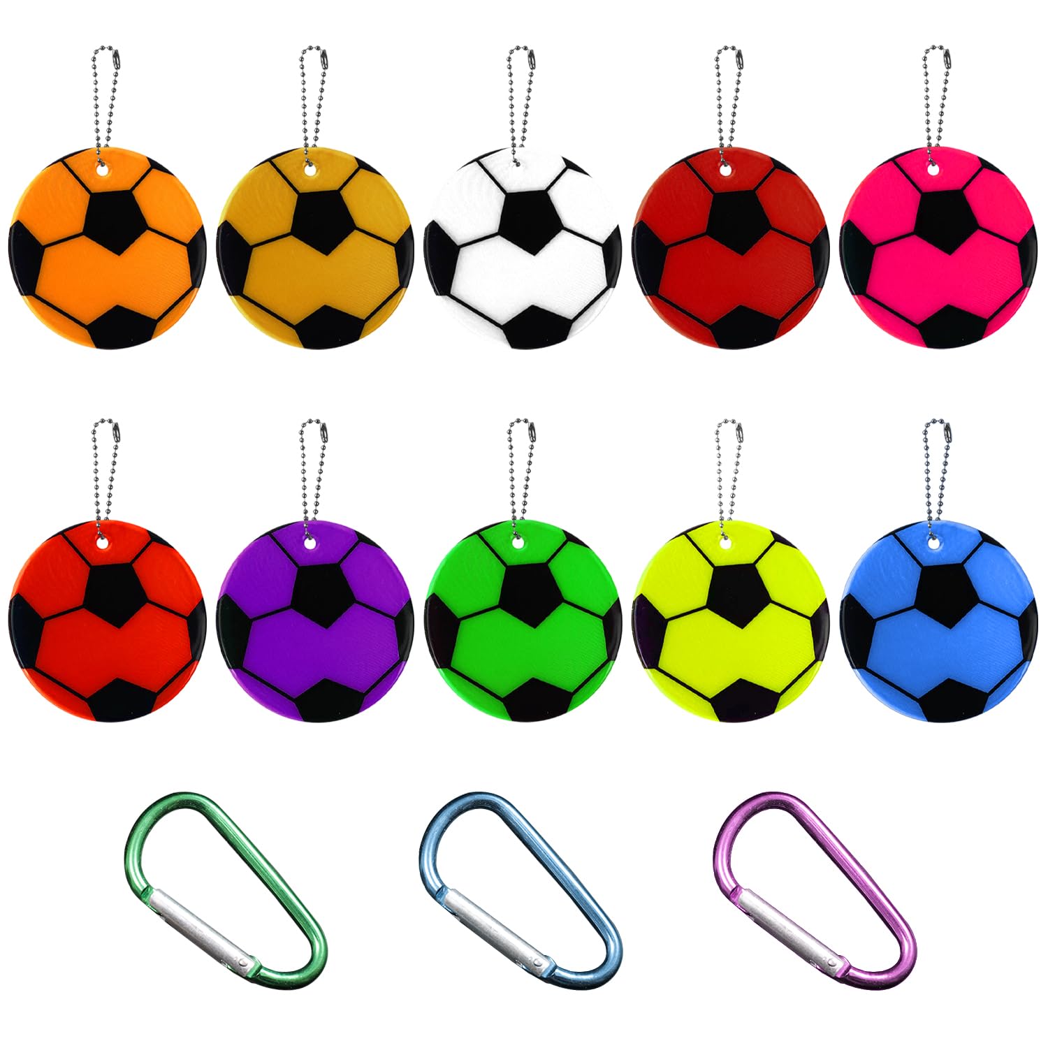 GVSAVY 10 fluorescent football ornaments, 3 carabiners, safety reflective labels, environmentally friendly reflective football pendants, suitable for school bags, keys, bicycles