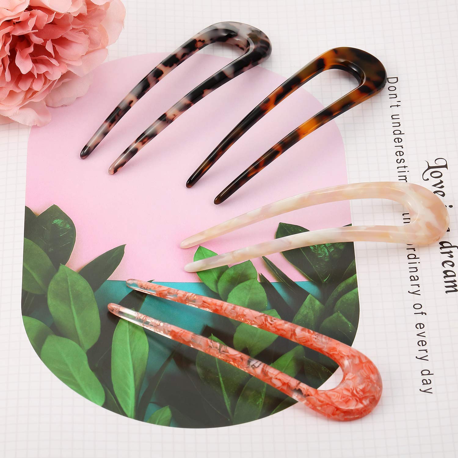4 Pieces U Shaped Hair Pin Stick French Style U Shape Hair Clips Tortoise Shell U Sticks Pins for Women Girls Hairstyle Accessories (Red, Pink Khaki, Tortoiseshell, White Tortoiseshell) : Beauty