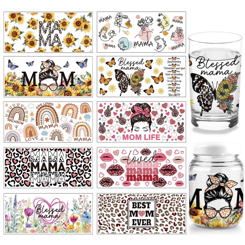 arricraft 10 Sheets UV DTF Cup Wrap, 10 Styles Mother's Day Theme Sunflower Butterfly Words Rub on Transfers PVC Paper Waterproof Rub Decals for DIY 16OZ Glass Cups Furniture Wood Crafts