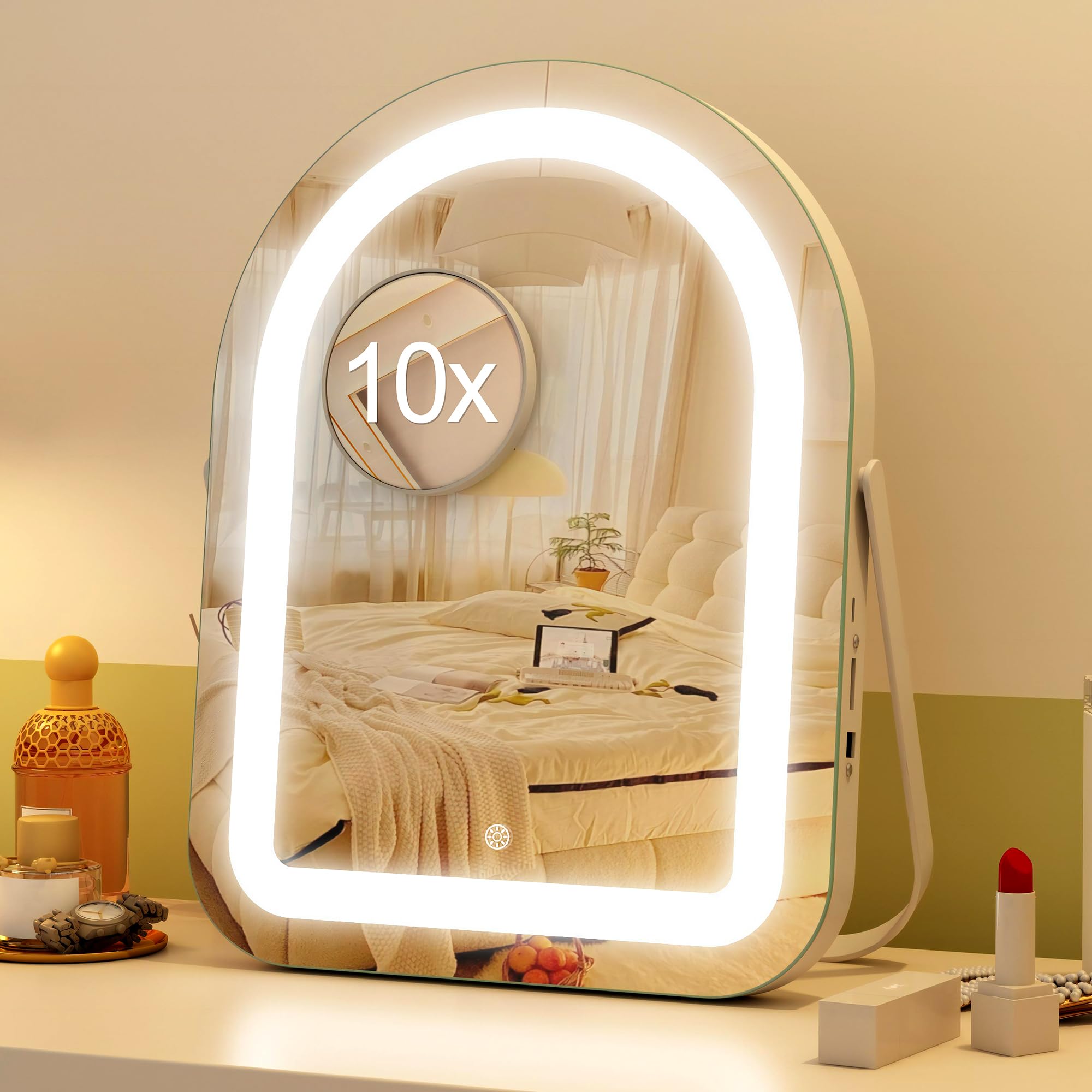 Photo 1 of STARLEAD 11"× 14" Makeup Mirror with Lights and 10X Magnification, 3-Color Dimmable LED Lighting & Touch Control, 360°Rotation for Travel/Dressing Room, Arched