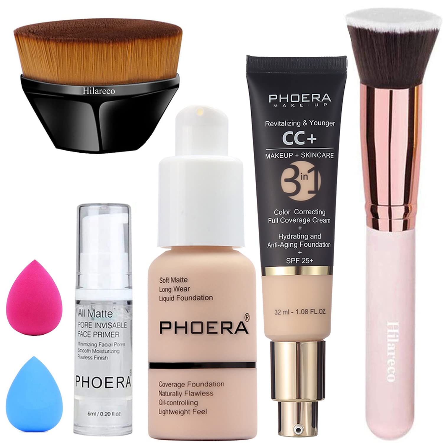 PHOERA CC+ Cream Color Correcting Anti Aging Hydrating Serum & SPF 25+ Primer Makeup & Kabuki Makeup Brushes Foundation Brush (101 Porcelain CC Cream)