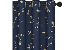 Deconovo Curtains with Pattern, Black Out Curtains for Bedroom Windows, Light Blocking Soundproof Curtains Drapes for Party (Navy Blue/Golden,W52 X L72)