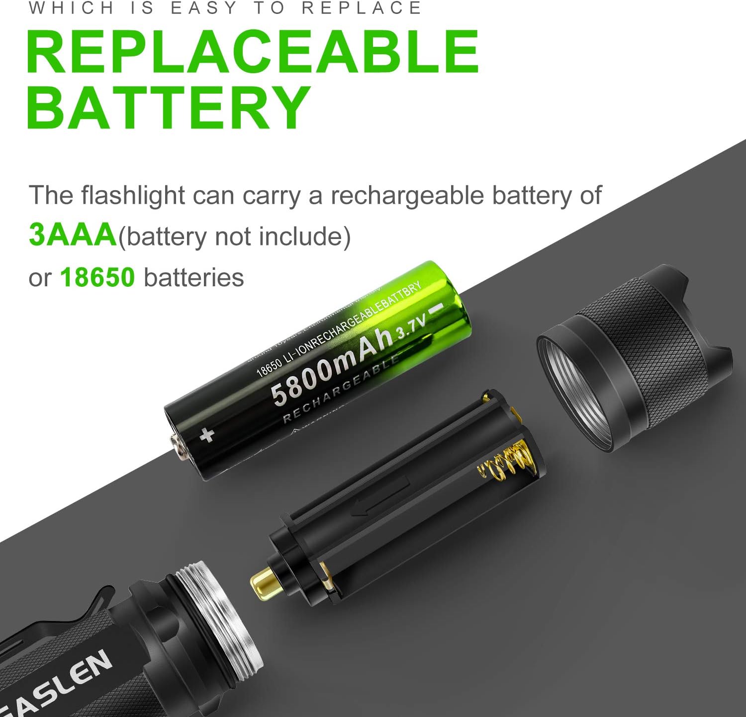 Gaslen LED Tactical Flashlight Rechargeable High Lumen Portable Water Resistant Torch Light, Zoomable, Best Camping, Outdoor, Emergency, Everyday Flashlights with 18650 Battery and Charger Included - - 
