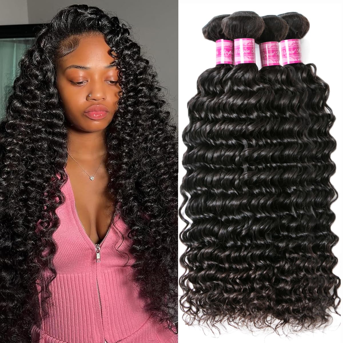 Deep Wave Human Hair Bundles 16 18 20 22 Inch 4 bundles Deep Curly Human Hair Wet and Wavy Deep Weave 100% Unprocessed Brazilian Virgin Remy Hair Natural Color — image 1
