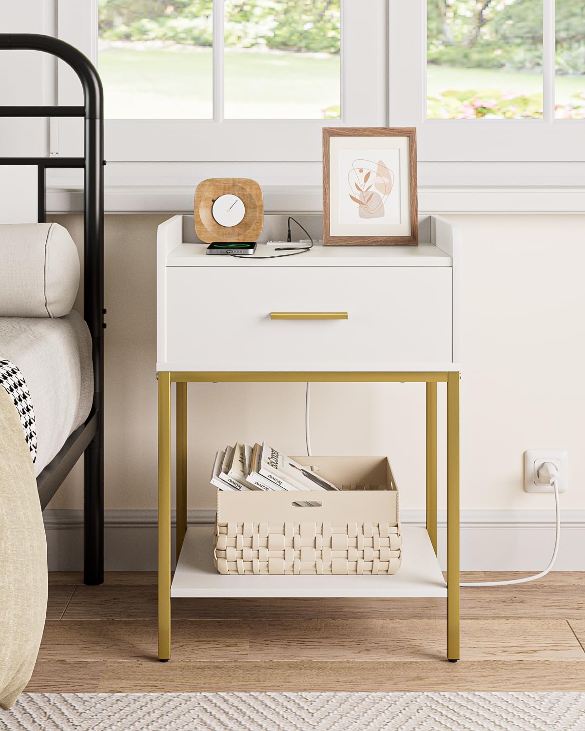 Photo 1 of Masupu Nightstand with Charging Station,3-Tier Modern Bedside Night Stand with Storage Drawer and Shelf,Small End Side Table for Bedroom,Living Room,White