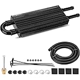 FILTERUP Upgrade 2 Pass Aluminium Transmission Oil Cooler | 5/16" Universal 2 Rows Tube And Fin Cooler Kit Engine With Hose Mounting, Black