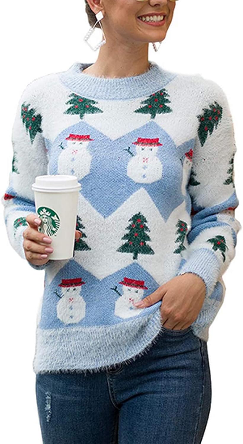 Suéter de punto de Navidad para mujer, diseño de muñeco de nieve, copos