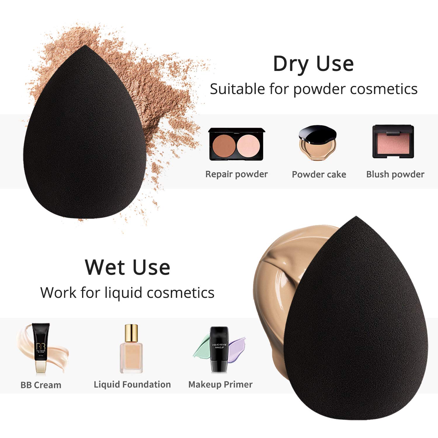BEAKEY Makeup Sponge, Latex-free and Vegan Makeup Blender Beauty Sponge, Flawless for Cream, Liquid Foundation & Powder Application (2Pcs, Black) : Beauty