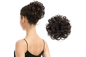 BARSDAR 100% Human Hair Bun Extension - Real Human Hair Dark Brown Messy Bun Scrunchie for Women - Elastic Wavy Brown Updo Ex